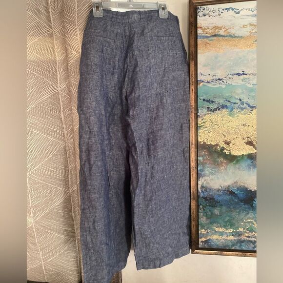 Opus Maritta Pants Women Blue Straight Wide Leg EU Size 42 Drawstring 100% Linen - Picture 6 of 15
